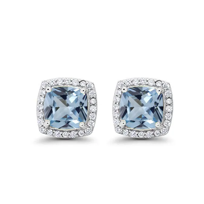18k White Gold Plated 2 Ct Created Halo Princess Cut Aquamarine Stud Earrings
