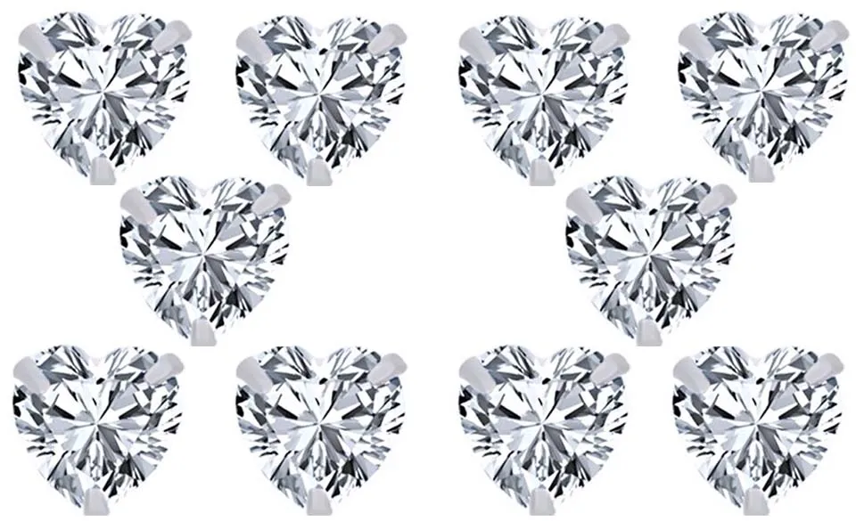 18k White Gold Plated 2Ct Heart White Sapphire Set Of Five Stud Earrings