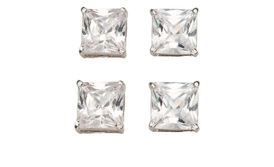 18k White Gold Plated 2Ct Square Cut White Sapphire Set Of Two Stud Earrings