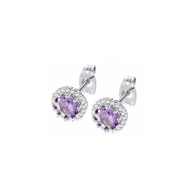 18k White Gold Plated 3 Ct Created Halo Round Amethyst Stud Earrings