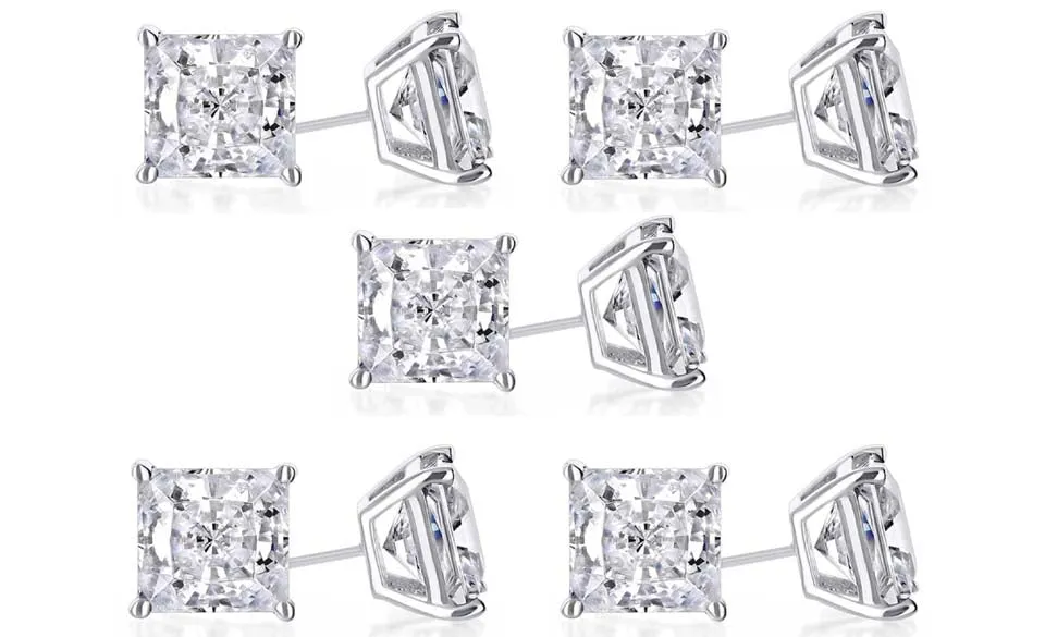 18k White Gold Plated 3Ct Princess Cut White Sapphire Set Of Five Stud Earrings