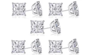 18k White Gold Plated 3Ct Princess Cut White Sapphire Set Of Five Stud Earrings