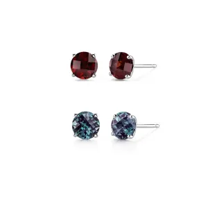 18k White Gold Plated 4Ct Created Garnet and Alexandrite 2 Pair Round Stud Earrings