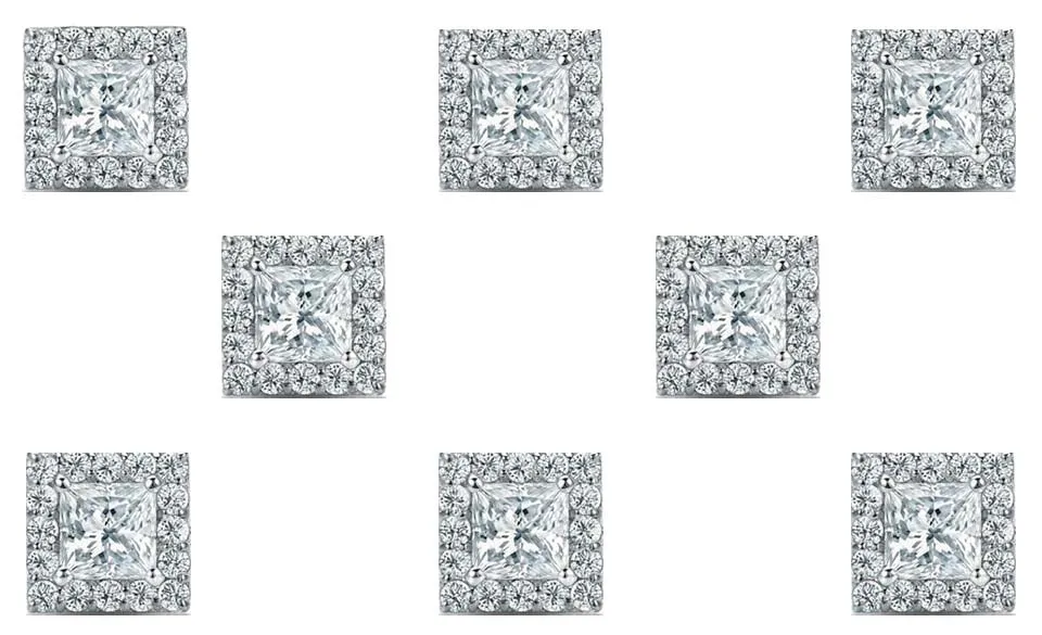 18k White Gold Plated 4mm 1/2Ct Princess Cut White Sapphire Set of Four Halo Stud Earrings