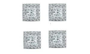 18k White Gold Plated 4mm 1/2Ct Princess Cut White Sapphire Set of Two Halo Stud Earrings