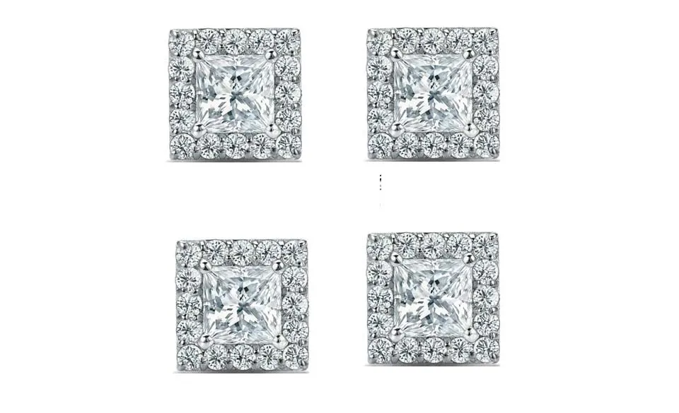 18k White Gold Plated 4mm 1Ct Princess Cut White Sapphire Set of Two Halo Stud Earrings