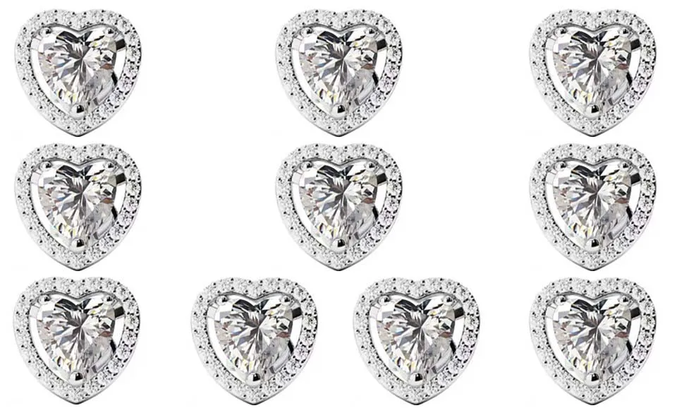 18k White Gold Plated 4mm 3Ct Heart White Sapphire Set of Five Halo Stud Earrings
