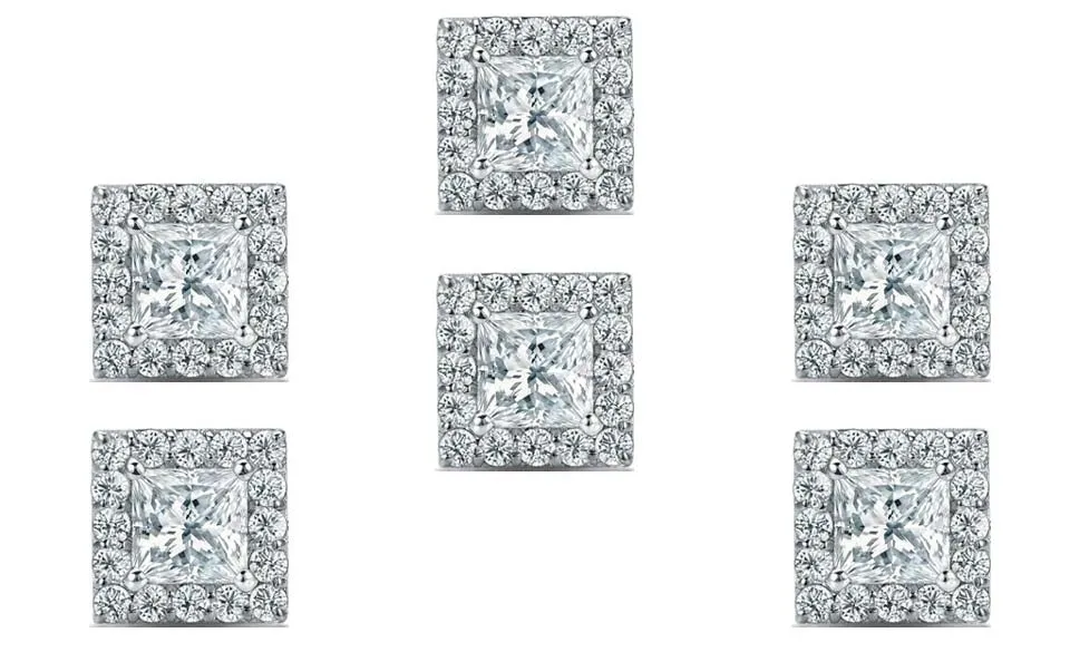 18k White Gold Plated 6mm 2Ct Princess Cut White Sapphire Set of Three Halo Stud Earrings