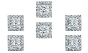 18k White Gold Plated 6mm 2Ct Princess Cut White Sapphire Set of Three Halo Stud Earrings
