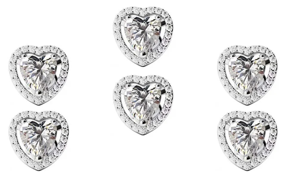 18k White Gold Plated 6mm 3Ct Heart White Sapphire Set of Three Halo Stud Earrings