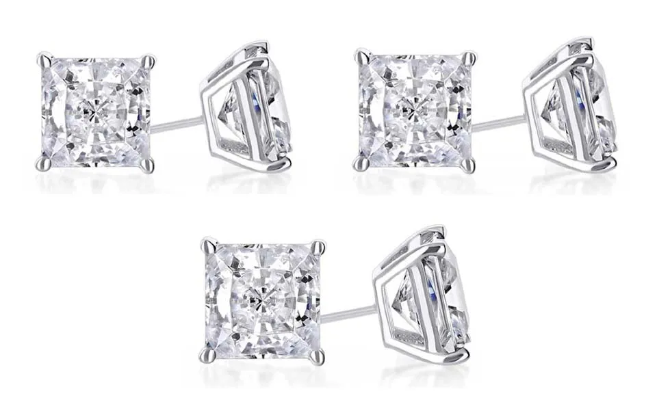 18k White Gold Plated 6mm 4Ct Princess Cut White Sapphire Set Of Three Stud Earrings