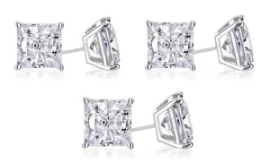 18k White Gold Plated 6mm 4Ct Princess Cut White Sapphire Set Of Three Stud Earrings