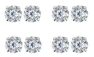 18k White Gold Plated 6mm 4Ct Round White Sapphire Set Of Four Stud Earrings