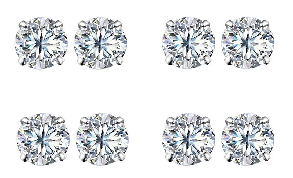 18k White Gold Plated 6mm 4Ct Round White Sapphire Set Of Four Stud Earrings