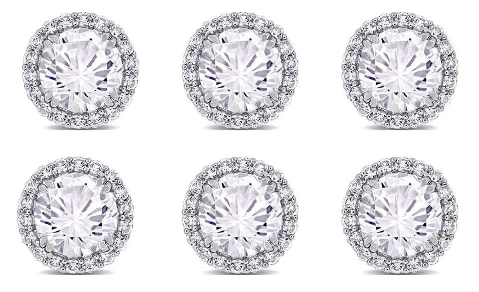 18k White Gold Plated 6mm 4Ct Round White Sapphire Set of Three Halo Stud Earrings
