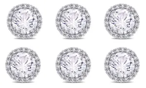18k White Gold Plated 6mm 4Ct Round White Sapphire Set of Three Halo Stud Earrings