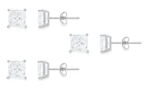 18k White Gold Plated Created White Sapphire 1Ct Princess Cut Set Of Three Stud Earrings