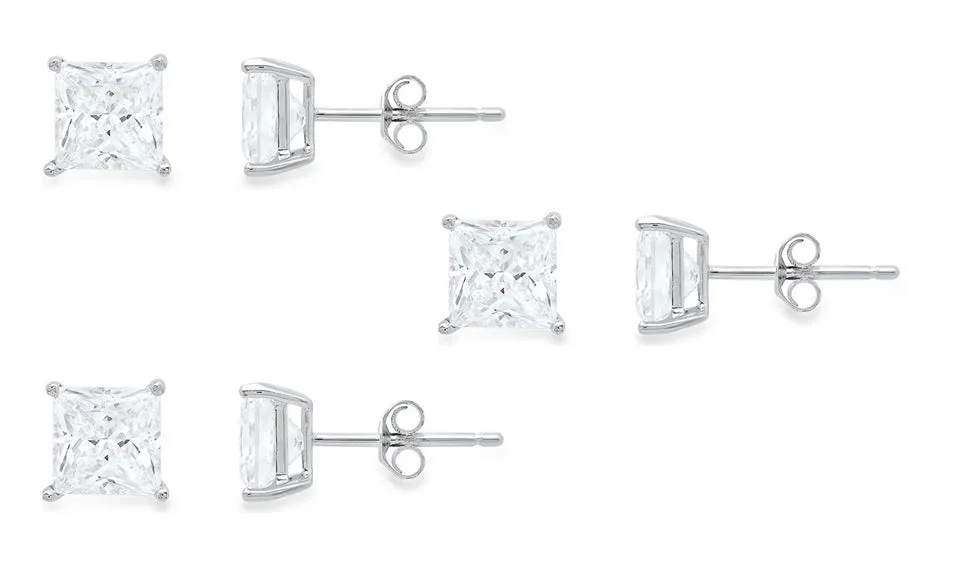 18k White Gold Plated Created White Sapphire 1Ct Princess Cut Set Of Three Stud Earrings