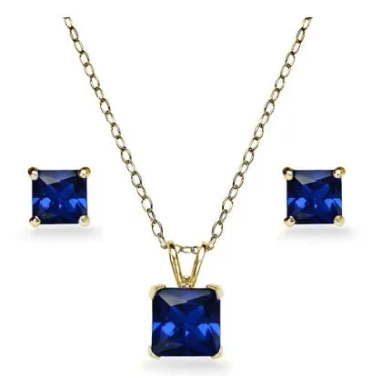 18K Yellow Gold 1ct Tanzanite Square 18 Inch Necklace and Earrings Set Plated