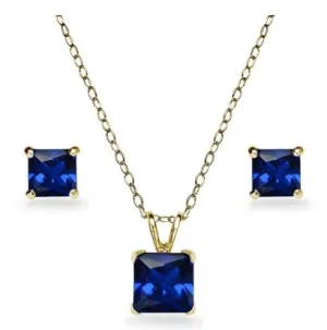 18K Yellow Gold 1ct Tanzanite Square 18 Inch Necklace and Earrings Set Plated