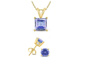 18K Yellow Gold 1ct Tanzanite Square 18 Inch Necklace and Round Earrings Set Plated