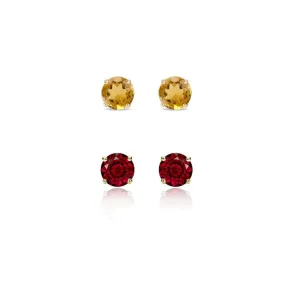 18k Yellow Gold Plated 4Ct Created Citrine and Garnet 2 Pair Round Stud Earrings