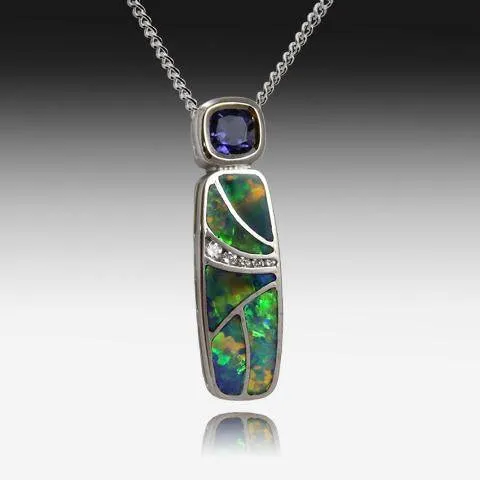 18KT WHITE GOLD OPAL AND IOLITE PENDANT