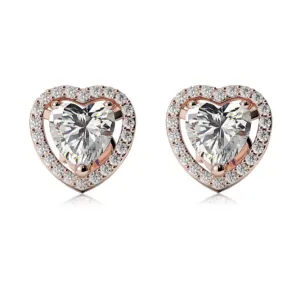 24k Rose Gold Plated 1/2 Ct Created Halo Heart White Sapphire Stud Earrings