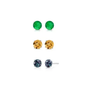 24k White Gold Plated 1Ct Created Emerald, Citrine and Alexandrite 3 Pair Round Stud Earrings