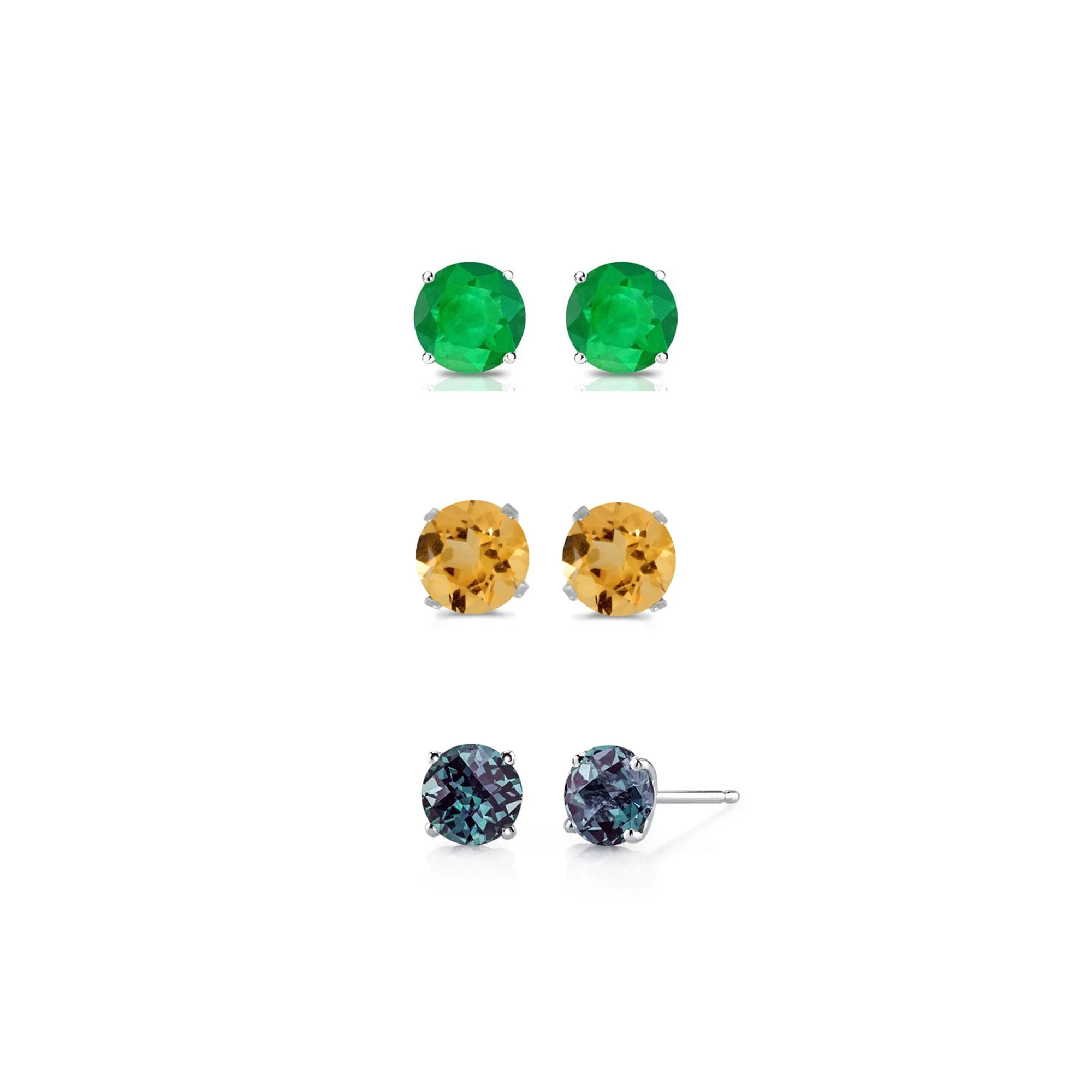24k White Gold Plated 1Ct Created Emerald, Citrine and Alexandrite 3 Pair Round Stud Earrings