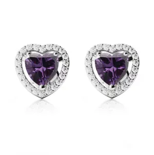 24k White Gold Plated 4 Ct Created Halo Heart Amethyst Stud Earrings