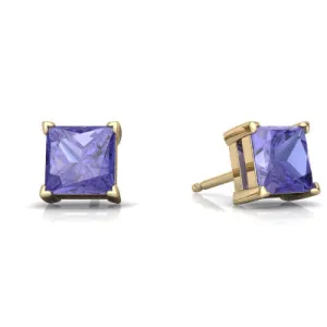 24k Yellow Gold Plated 2 Cttw Tanzanite Princess Cut Stud Earrings