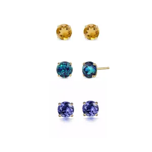 24k Yellow Gold Plated 2Ct Created Citrine, Alexandrite and Tanzanite 3 Pair Round Stud Earrings