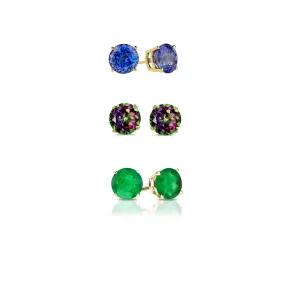 24k Yellow Gold Plated 3Ct Created Tanzanite, Mystic Topaz and Emerald 3 Pair Round Stud Earrings