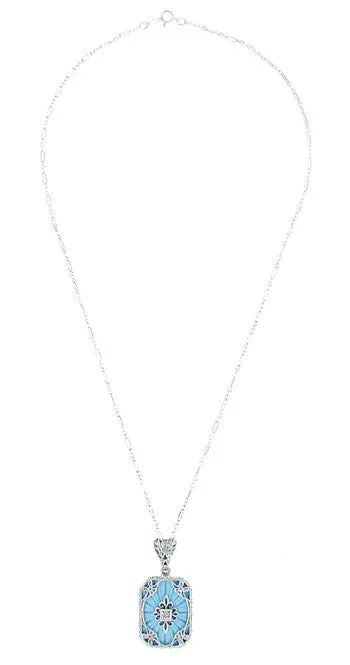 Art Deco Filigree Scrolls Starburst Diamond Set Pendant Necklace in Sterling Silver