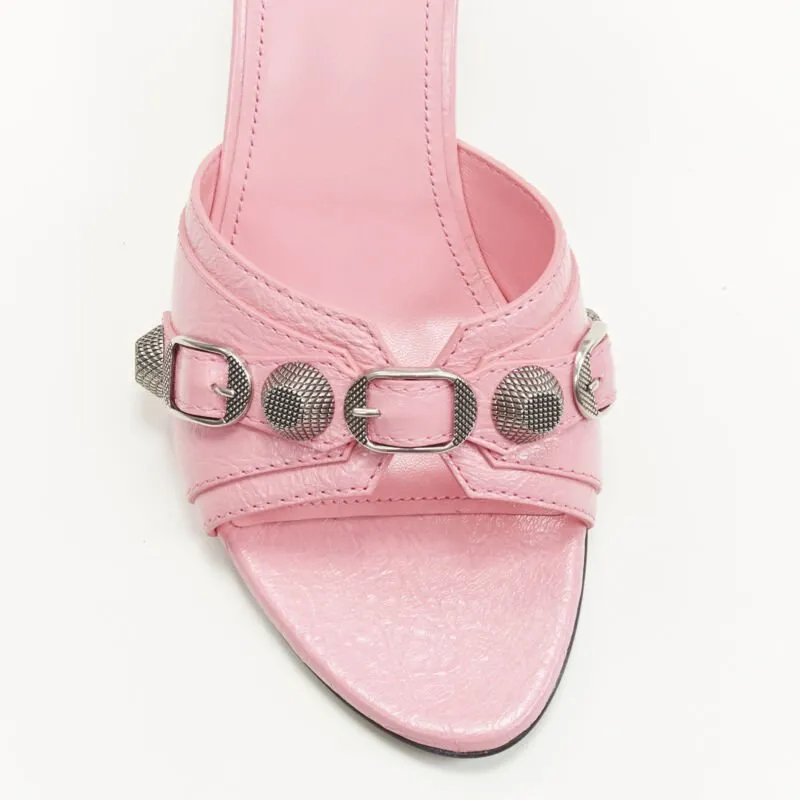 BALENCIAGA 2022 Cagole pink leather silver studded mule heel EU38 US8