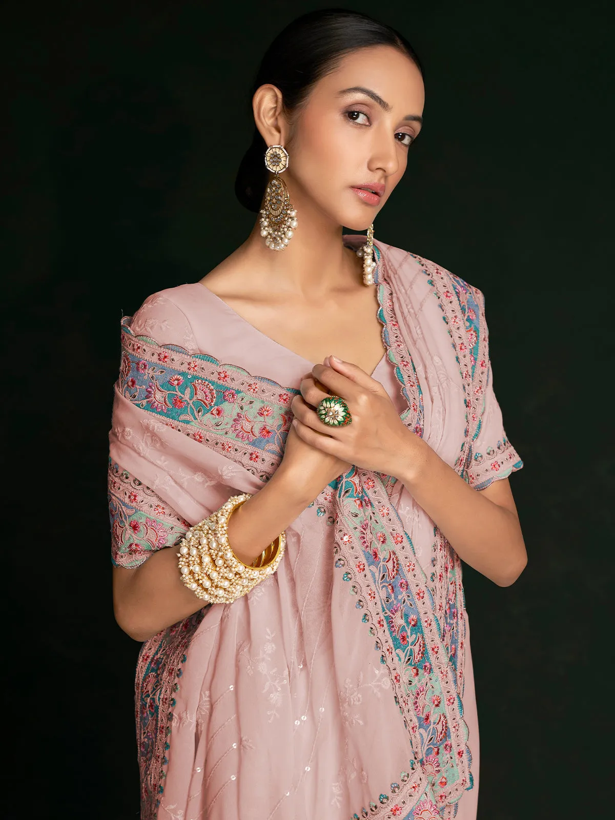 Beautiful Pink Georgette Embroidered Saree With Unstitched Blouse
