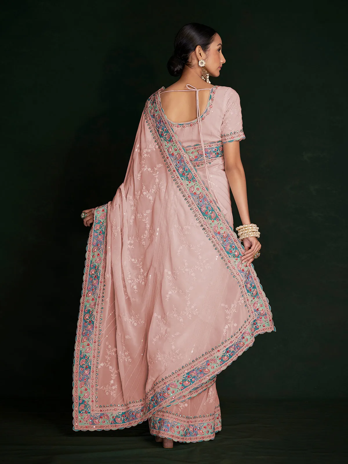 Beautiful Pink Georgette Embroidered Saree With Unstitched Blouse
