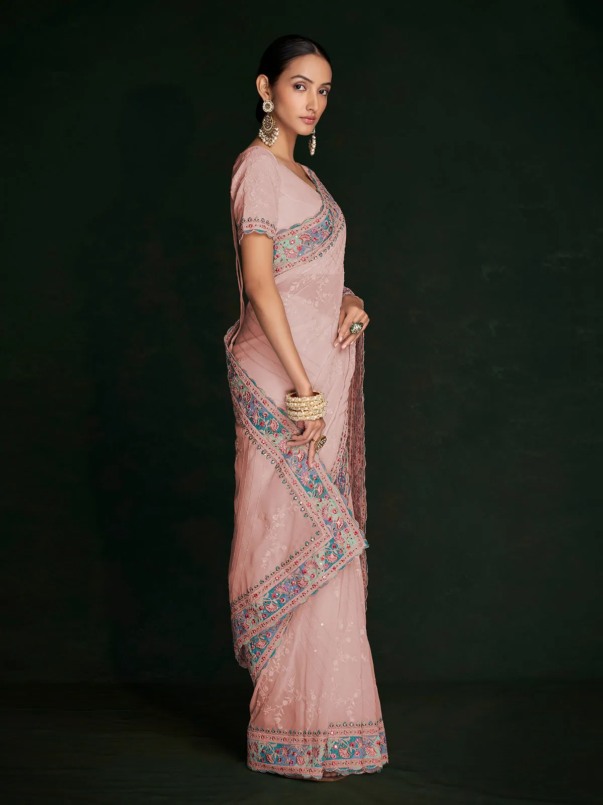 Beautiful Pink Georgette Embroidered Saree With Unstitched Blouse