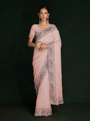 Beautiful Pink Georgette Embroidered Saree With Unstitched Blouse