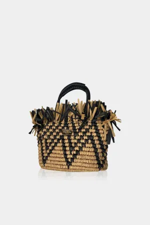 Black Knitted Fringe Raffia Tote Bag