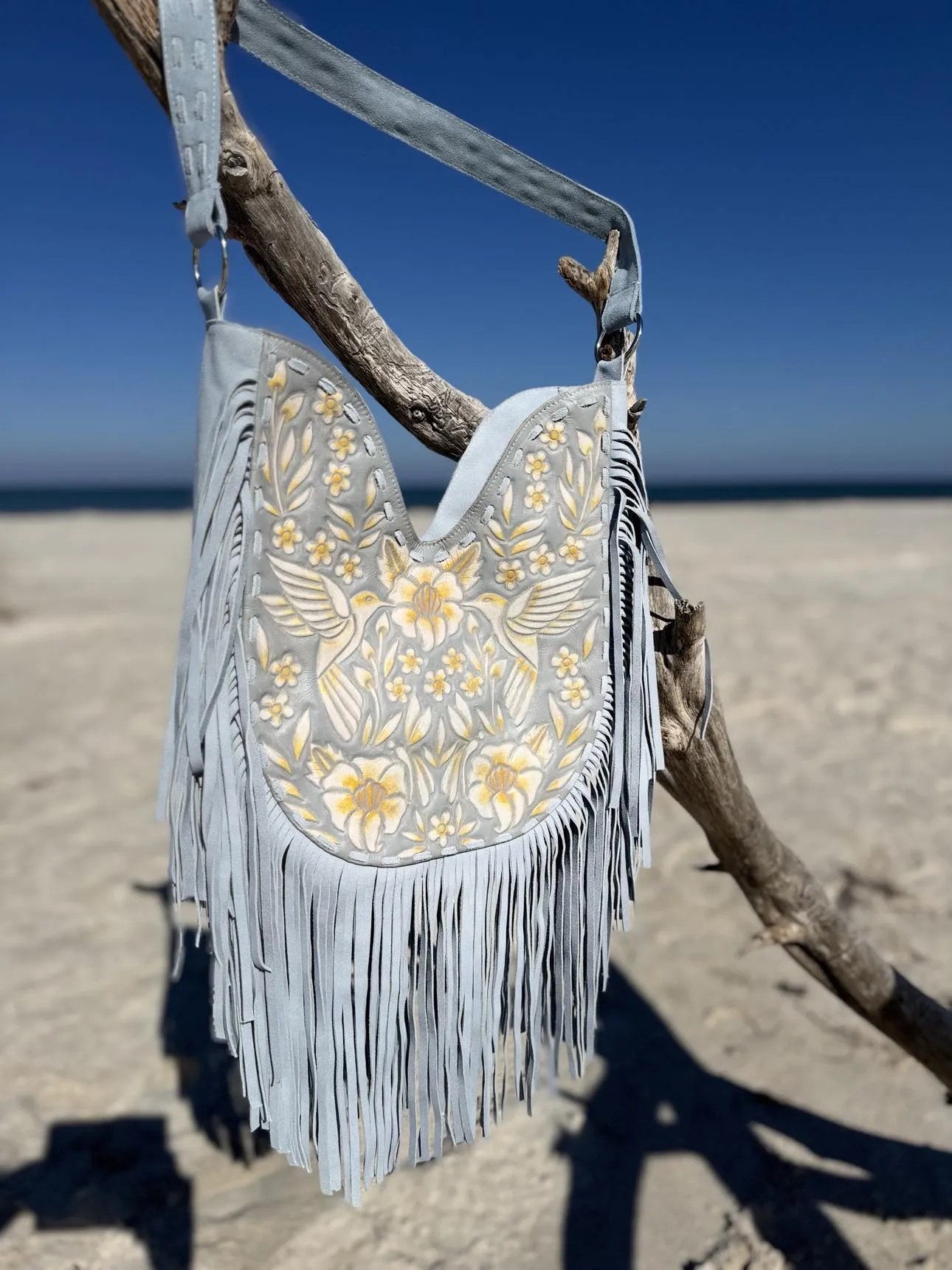 Blue Blossom Leather Fringe Bag