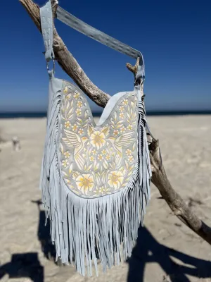 Blue Blossom Leather Fringe Bag