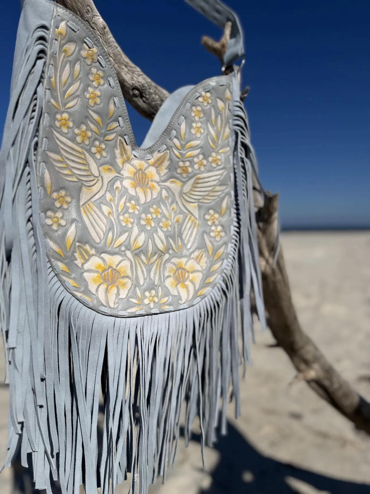 Blue Blossom Leather Fringe Bag