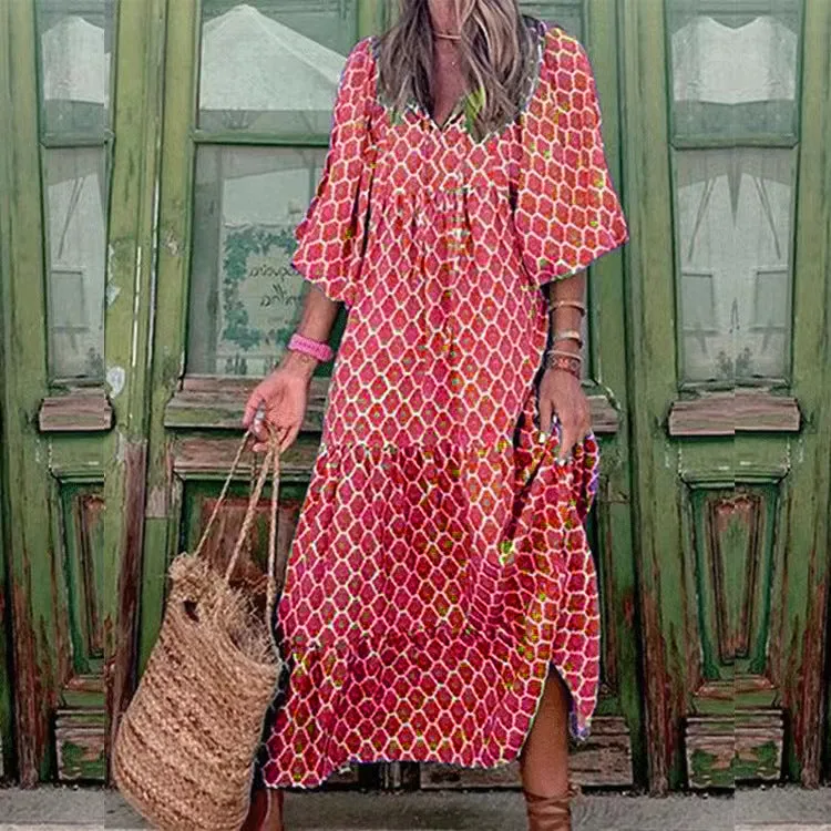 Boho Style Puff Sleeves Dress