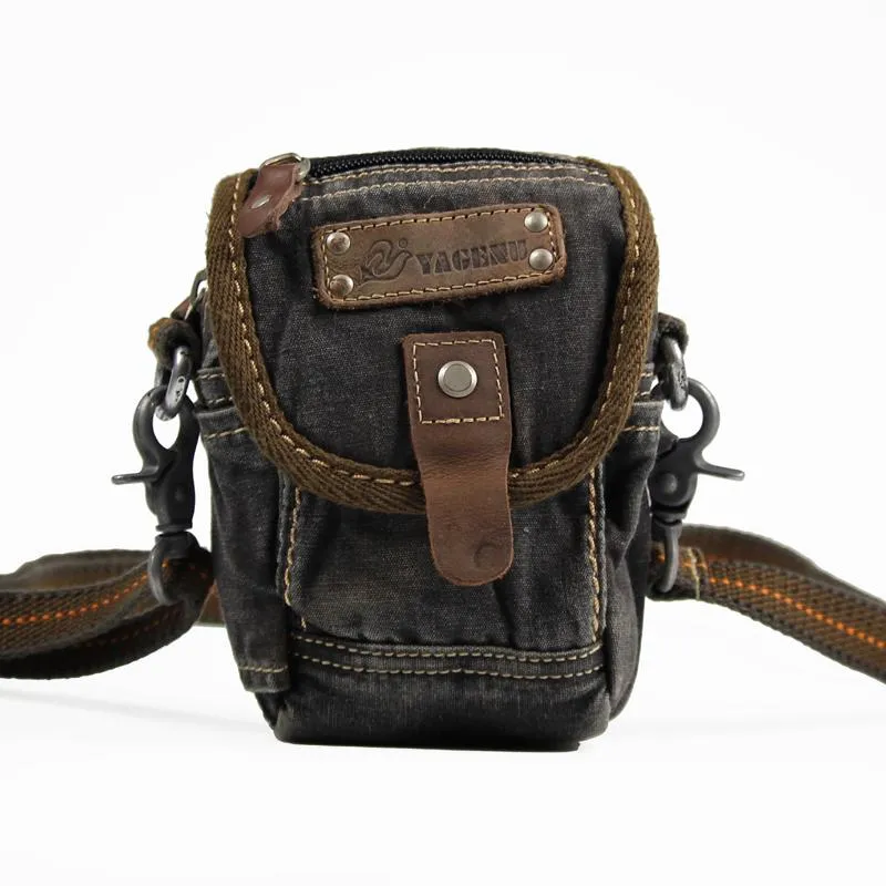 Canvas Black Mens Mini Side Messenger Bag Canvas Belt Pouch Waist Bag For Men