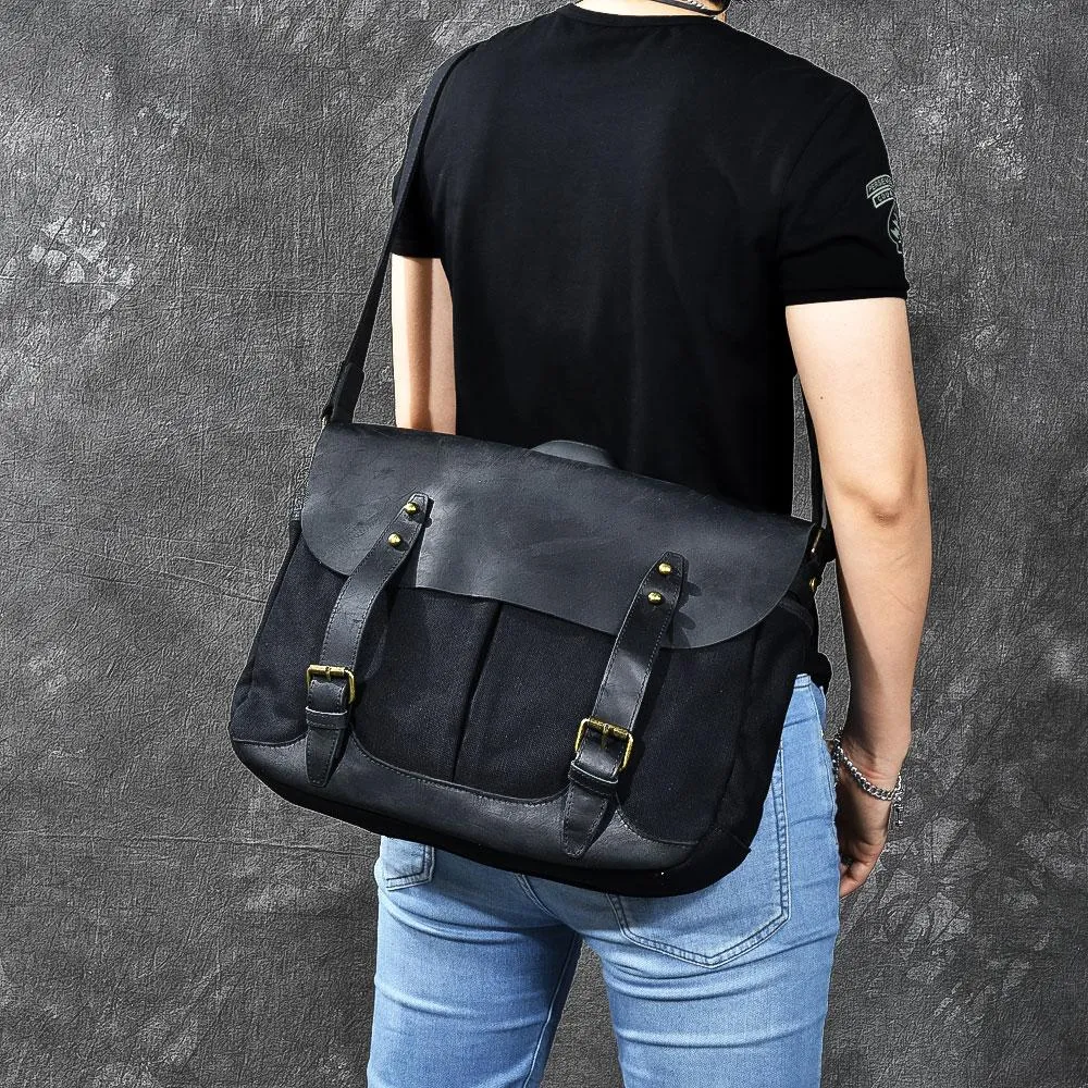 Canvas Leather Mens Army Green Postman Side Bag 14'' Black Messenger Bag Large Shoulder Bag For Men