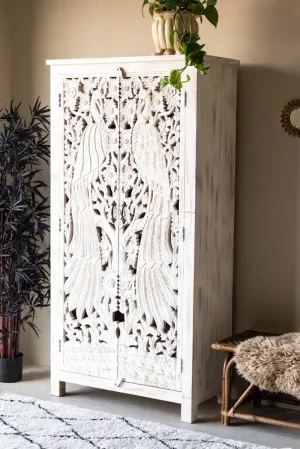 Carved Bird Design Wood Cabinet