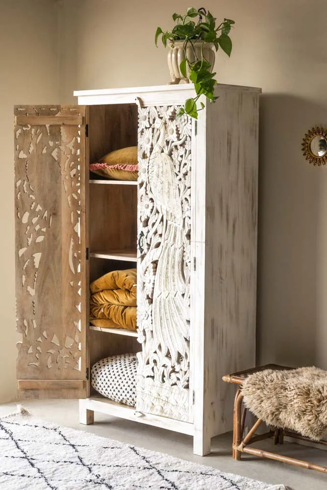 Carved Bird Design Wood Cabinet