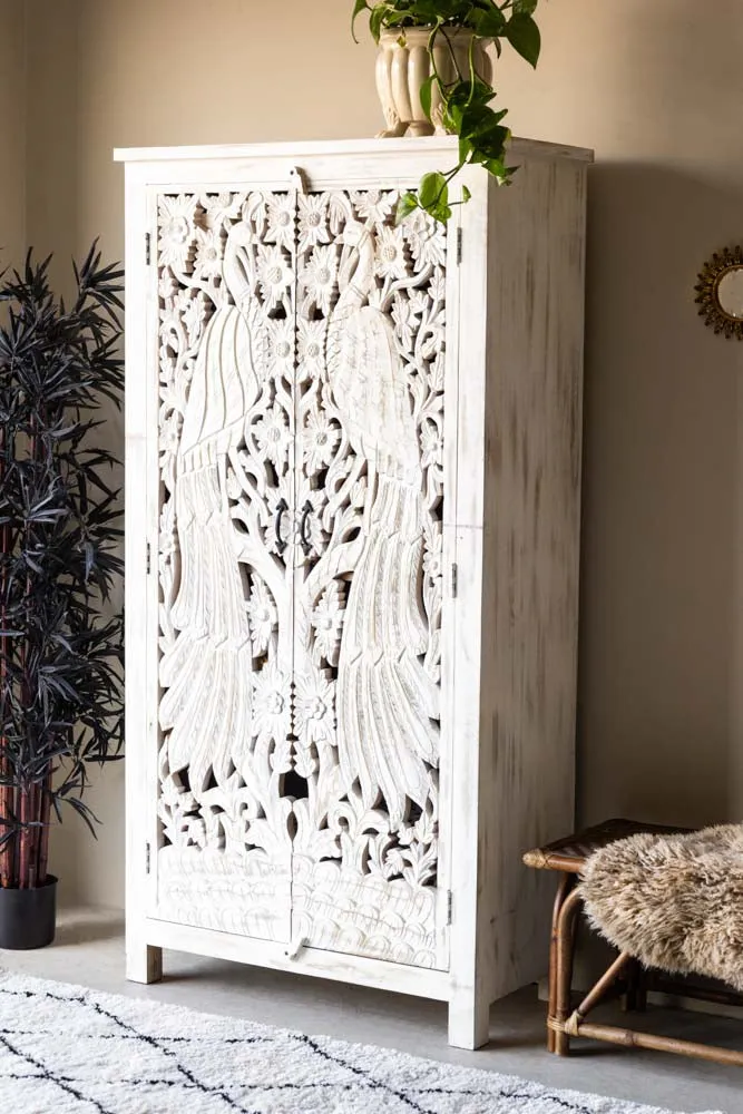 Carved Bird Design Wood Cabinet
